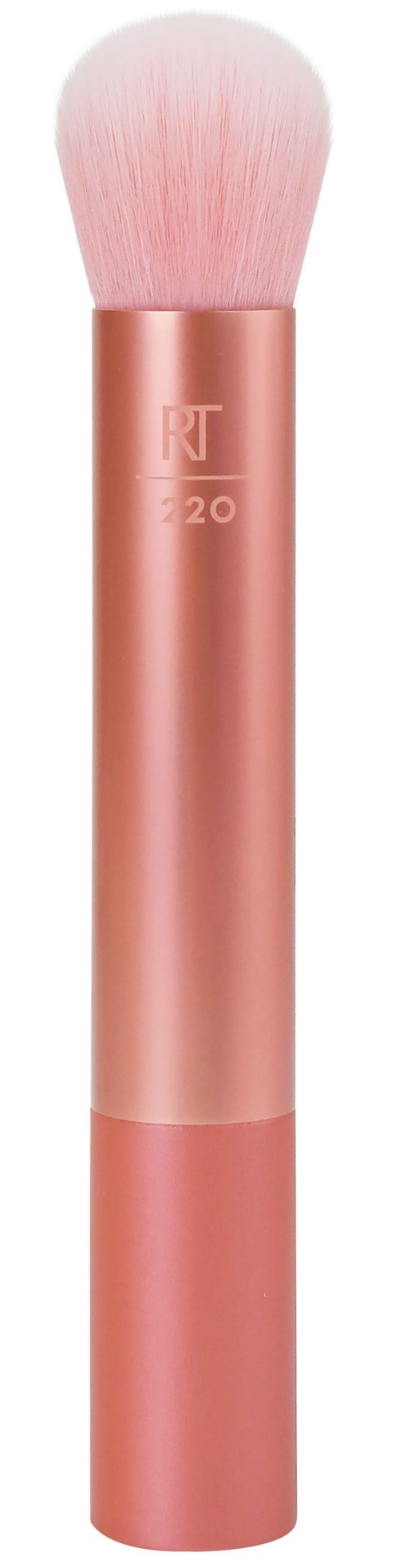 En rosa sminkborste med ett roséguldfärgat handtag och blöta borst.