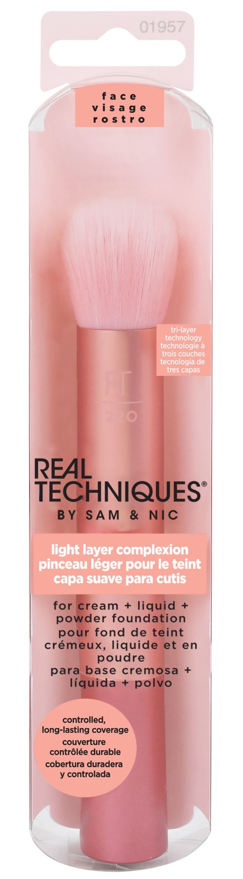 En rosa sminkborste i ett transparent fall med svart och rosa text som beskriver dess användning för ansikte och concealer.