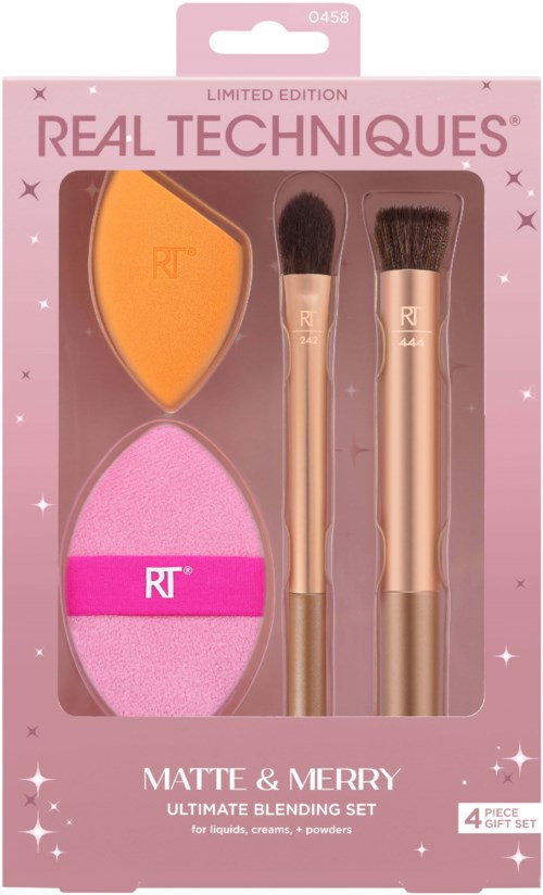 Meikkien sekoitussarja, jossa on kaksi harjaa, pinkki sieni ja keltainen beauty blender, pinkissä pakkauksessa.