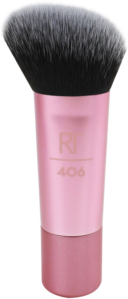 A pink makeup brush with black bristles and the number 406 on the handle.