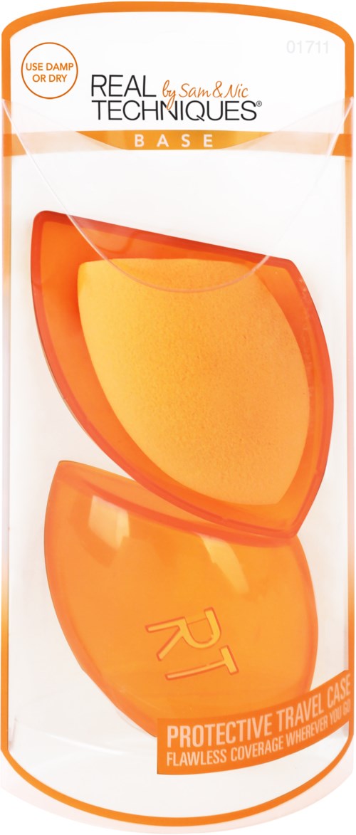 Een verpakking van Real Techniques make-upspons in oranje kleur, voor perfecte make-up toepassing.