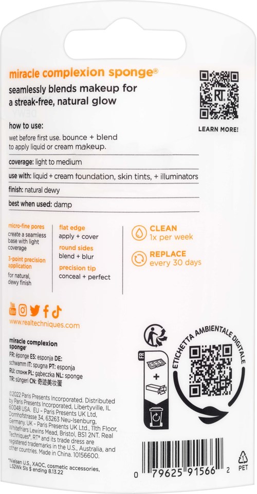 En förpackning som förklarar hur man använder och tar hand om en makeup-svamp, med instruktioner, varningar och QR-kod.
