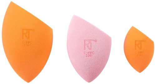 Tre sminksvampar i orange, rosa och liten orange på vit bakgrund.