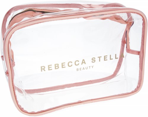 En klar plastpåse med rosa kanter och dragkedja, med texten "REBECCA STELLA BEAUTY" på.