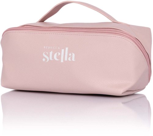 Eine rosa Tasche mit Griff und den Worten "Rebecca Stella".