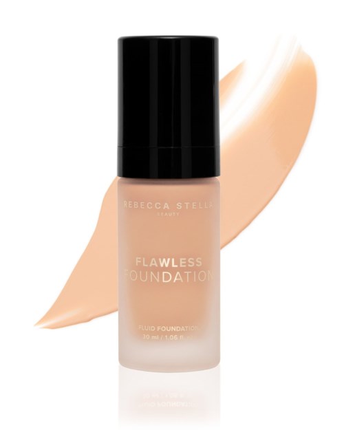 A bottle of liquid foundation with a black cap, labeled 'Rebecca Stella Flawless Foundation.'