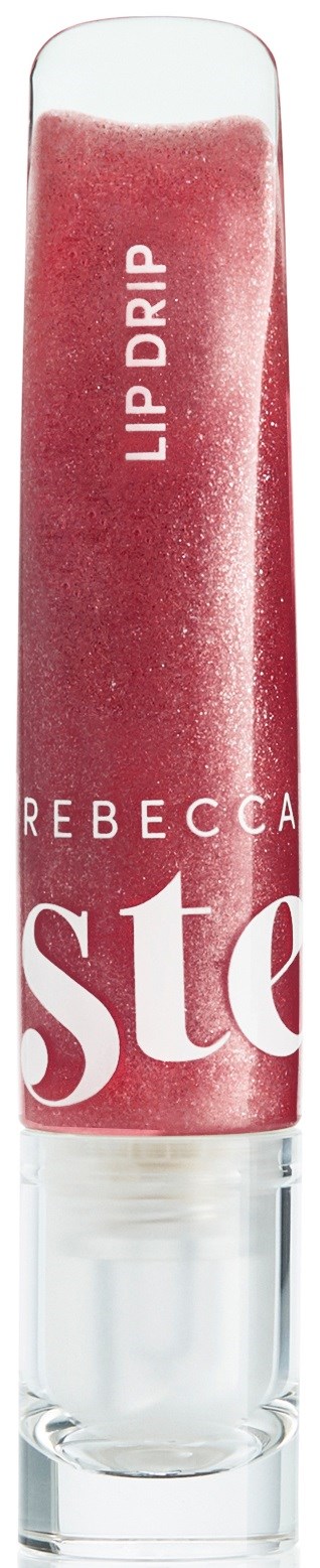 Läppglans i rosa med texten "LIP DRIP" och "REBECCA" i vitt. Transparent behållare med rundad toppen.