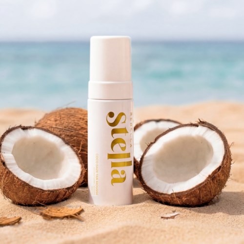 Sicilia product against a beach background with coconuts in the sand.