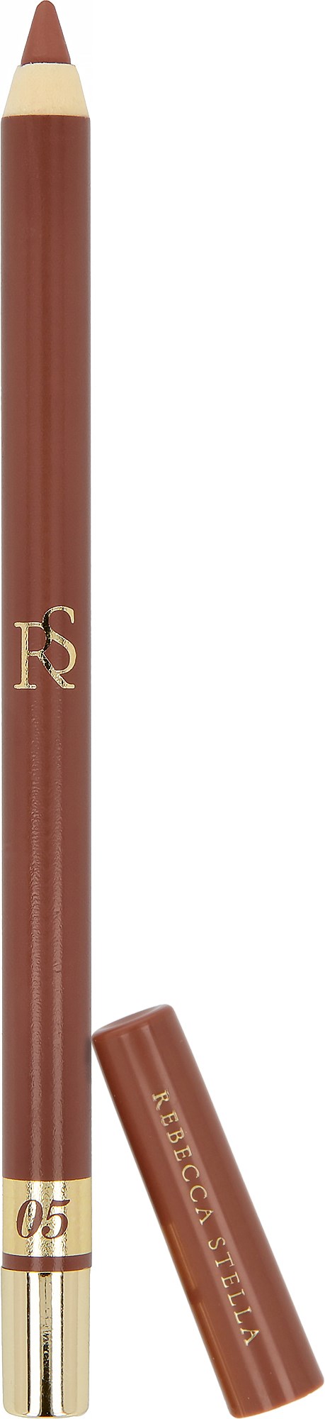 En brun læbestiftstift med guld detaljer og nummer 05. Hylsen er fjernet og ligger ved siden av.