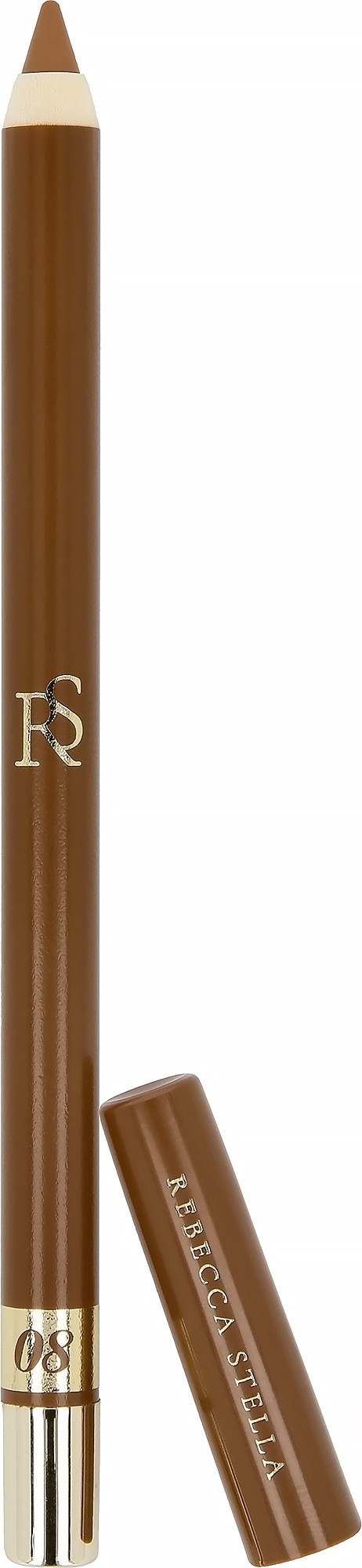 En brun læbepen, med guldbånd og matchende låg, mærket med logo og tallet 08.