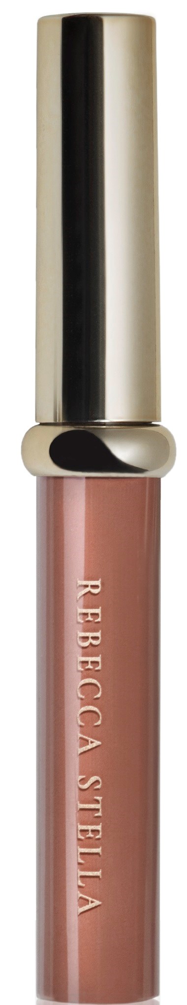 En läppglansrör med en glänsande silverkapsel och rosa-beige vätska inuti.