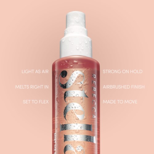 A spray bottle with pink liquid, droplets on surface, white cap, and text describing features like light, melt, flex.