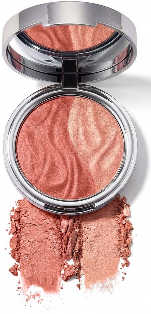 Bronzer z marmurkowym wzorem w otwartym opakowaniu, z rozkruszonym produktem poniżej.