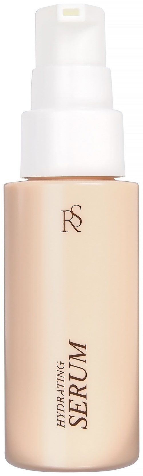 En beige flaske med hvit pumpe merket 'Hydrating Serum' og små 'RS'-bokstaver på.