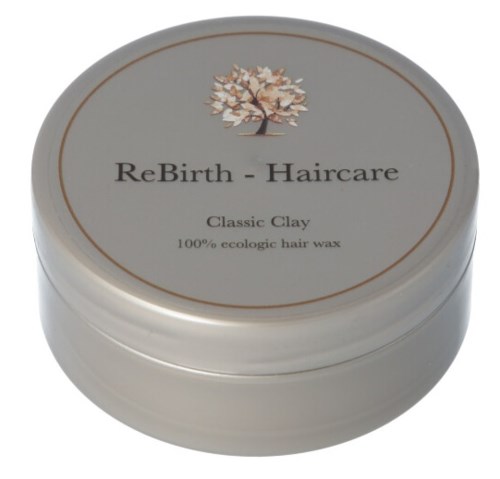En rund behållare med en etikett som säger ReBirth - Haircare, Classic Clay, 100% ekologisk hårvax och en trädlogga.