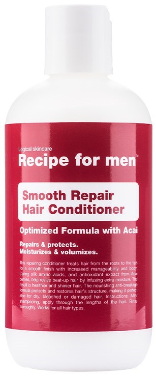 En vit flaska med röd etikett för herrhårbalsam, märkt 'Smooth Repair Hair Conditioner' med detaljer om ingredienser och fördelar.