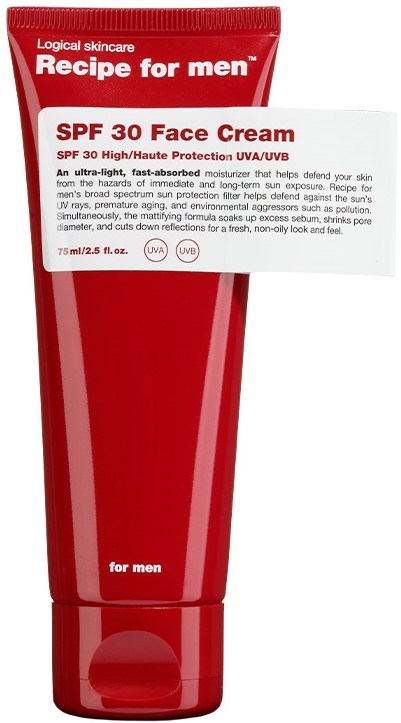 Röd tub märkt 'Recipe for men' med SPF 30 ansiktskräm och UV-skydd för män.