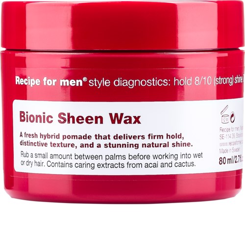 A red container of Bionic Sheen Wax, a hair pomade with ingredients from acai and cactus for shiny hair.
