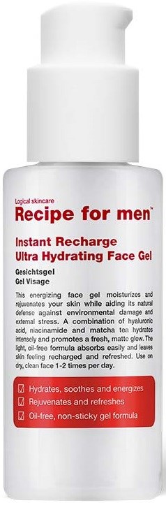 En vit flaska med pump märkt 'Recipe for men' för ansiktsgel, betoning på fukt och uppfriskning, med röda textblock.