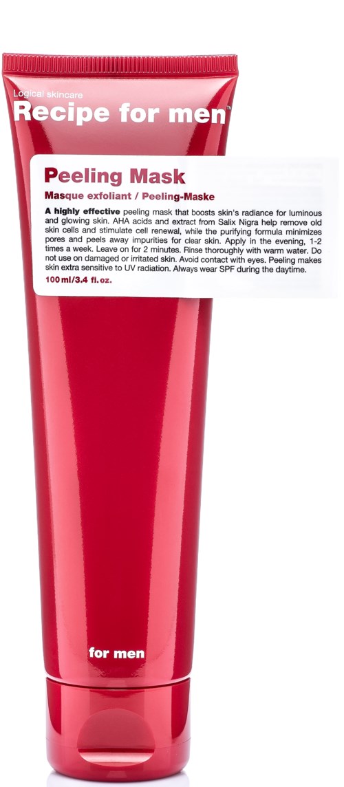Rode tube met witte tekst "Recipe for men Peeling Mask" en instructies.