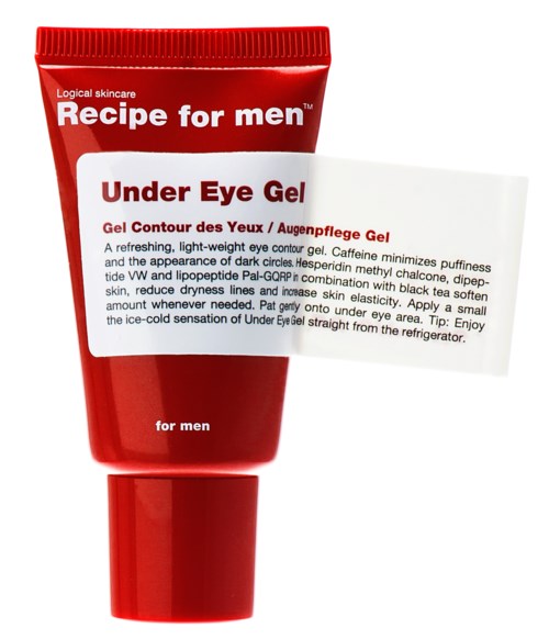 Röd tub med vita etiketten, står 'Under Eye Gel' för män, innehåller användningsinstruktioner.