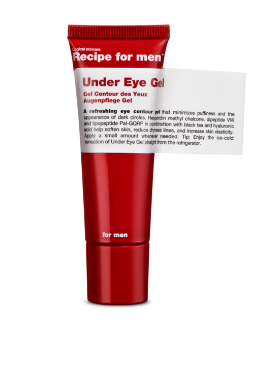 En röd tub med under-eye gel för män med vit och röd etikett, avsedd att minska svullnad och mörka ringar.