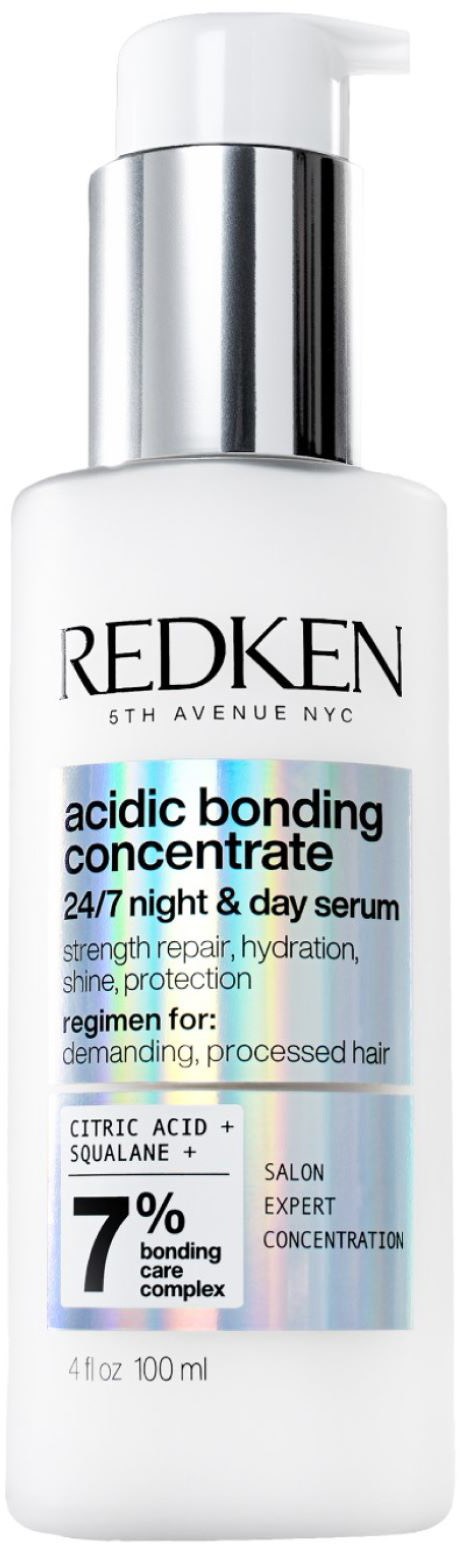 Redken-serumflaska för hårbehandling med ord om bindning, reparation, hydrering och skydd i vit och silverdesign.