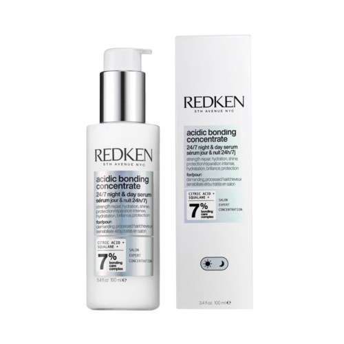 Redken 24/7 natt- och dagserum i en vit flaska med pump och låda. Innehåller citronsyra, reparerar hår, 100 ml.
