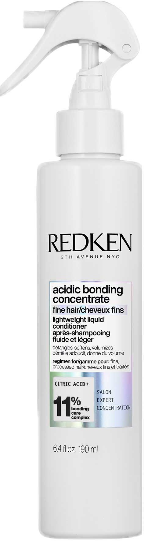 En hvit sprayflaske merket Redken acid bonding concentrate for tynt hår, med spraylokk.