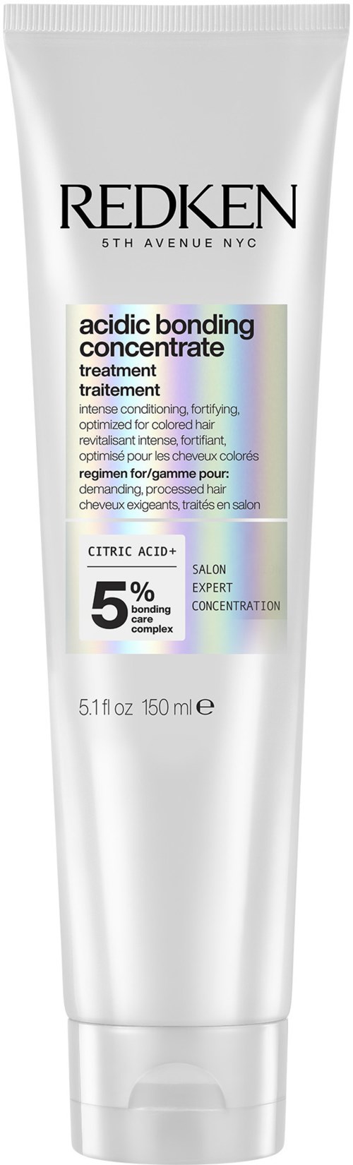 Valkoinen putki, jossa on mustaa ja violettia tekstiä, nimeltään Redken, hiushoitotuote happopohjaiseen sidokonsentraattiin. Koko 150 ml.