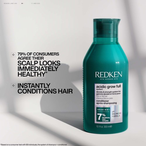 En turkos flaskor av Redken schampo märkt 'acidic grow full' för hälsosamt hår och hårbotten. Texten lyfter fram fördelar och ingredienser.