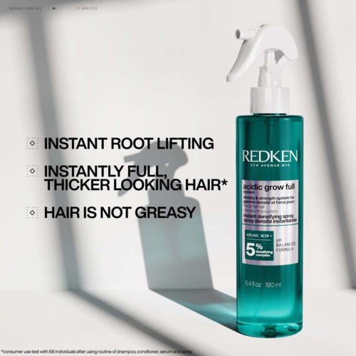 A hair product bottle with text showing benefits like root lifting, full and thick hair, non-greasy, contains acid for growth.
