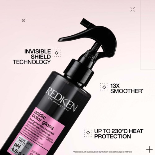 A black spray bottle of Redken 5th Avenue NYC acid-based color glaze for hair, with a nozzle and product details.