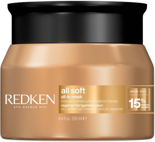 A beige jar with a black lid containing Redken All Soft hair mask, 250 ml, for dry, brittle hair.
