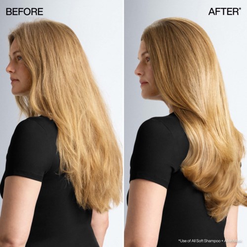 Side-by-side comparison of hair before and after using all soft shampoo, showing smoother, shinier hair.