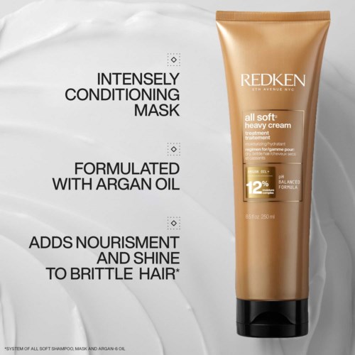 Redken hårmask med arganolja, hjälper till att ge näring och glans till skört hår, formulerad för tung vård. 250 ml.
