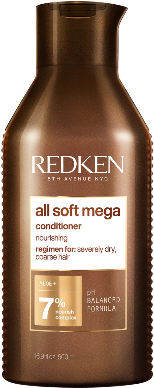 Brun flaske med Redken all soft mega balsam for tørt, grovt hår, med aloe og pH-balansert formel.