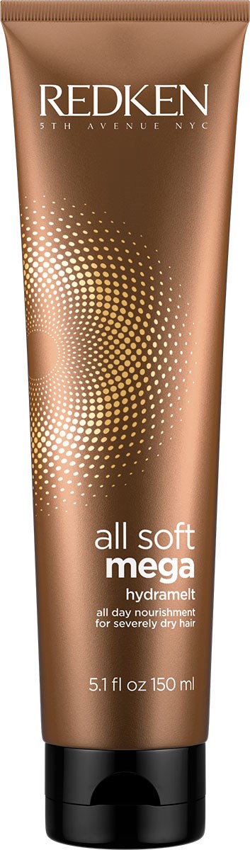 En brun tube med Redken hårvårdsprodukt som heter 'all soft mega hydramette' för mycket torrt hår, innehåller 5,1 fl oz (150 ml).