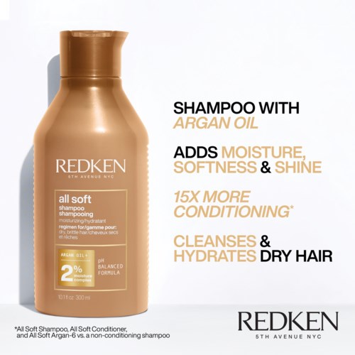 Redken-shampoopullo Argan Oililla, joka korostaa kosteutta, pehmeyttä ja kiiltoa kuivalle hiukselle.