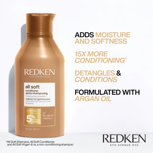 Redken Shampoo pullo, jossa tekstiä kosteudesta, pehmeydestä ja arganöljyn eduista.