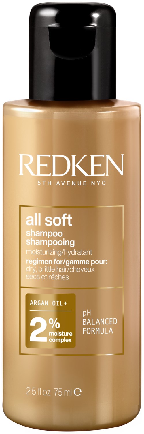 Beige Shampoo-Flasche mit schwarzem Deckel, labeled Redken All Soft, enthält 2% Arganöl, für weiches, gepflegtes Haar.