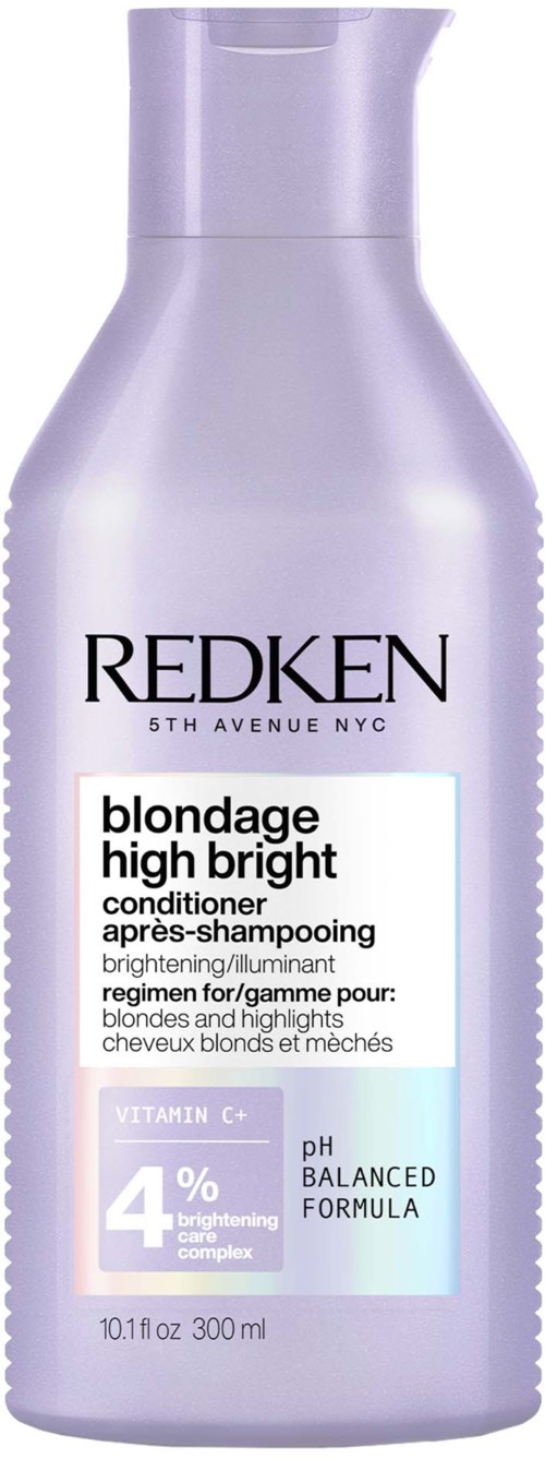En flaske Redken blondage high bright balsam med C-vitamin, pH-balance, til blondiner og højlys.