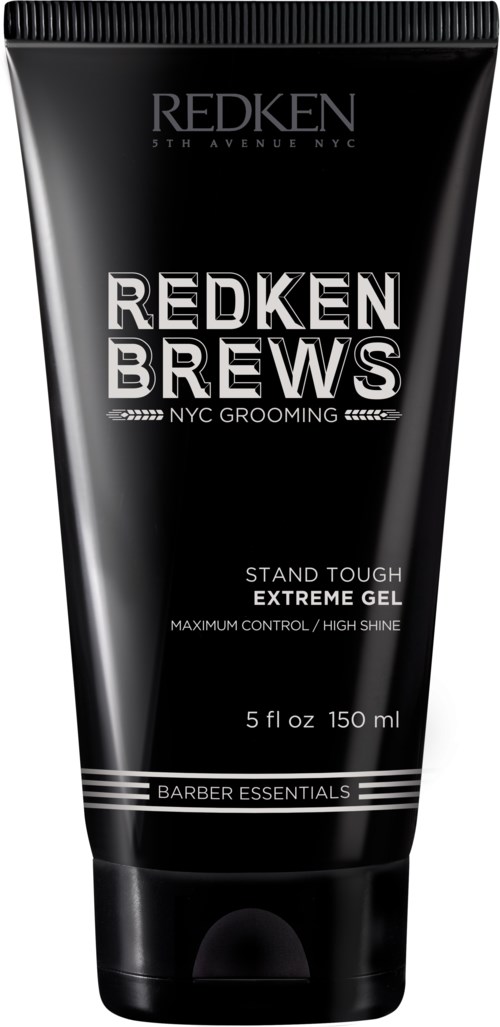 Svart tub med silver- och vittext, märkt Redken Brews Extreme Gel, för tuff styling och högglans.