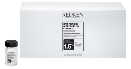 Redken anti-hair loss treatment box and bottle, simple white packaging, black cap, 1.5% formula.