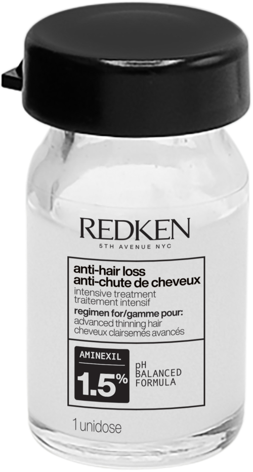 A small glass bottle with a black lid contains Redken anti-hair loss treatment. The label shows product details and pH stands at 1.5.