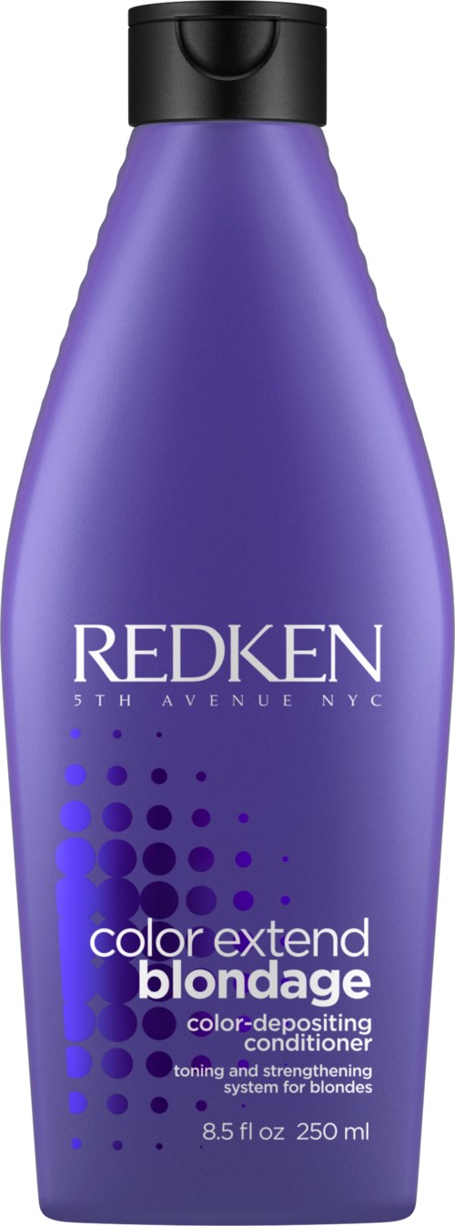 En lilla flaske med svart lokk, merket 'Redken Color Extend Blondage' for hårbalsjaming, rommer 8,5 fl oz.