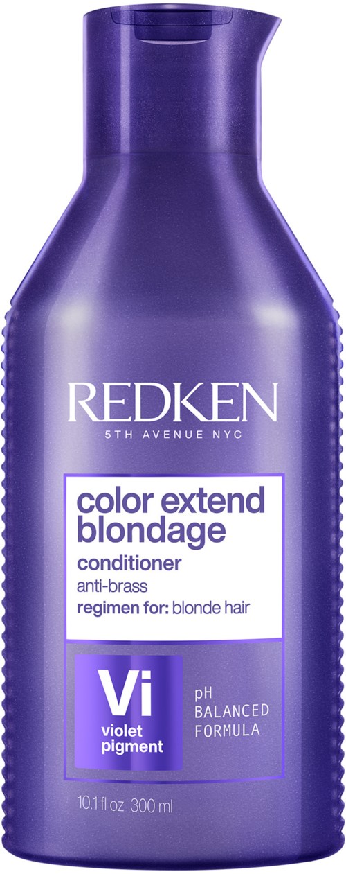 En lila flaska med Redken hårbalsam för blont hår med violet pigment och pH-balanserad formula.