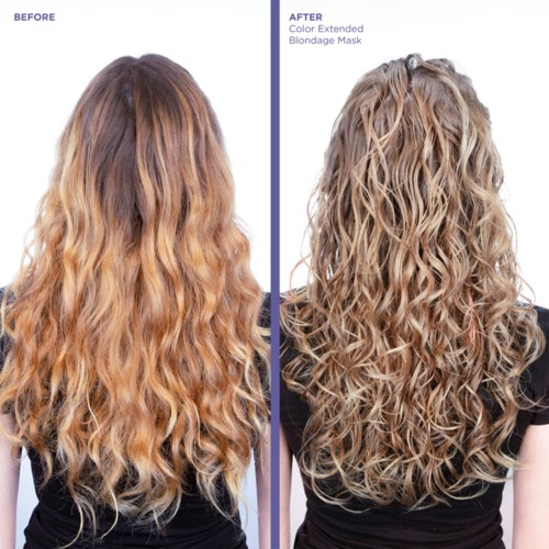 Før og etter-bilder viser endring i hårfarge og tekstur, med mer blond og definerte krøller etter behandling.
