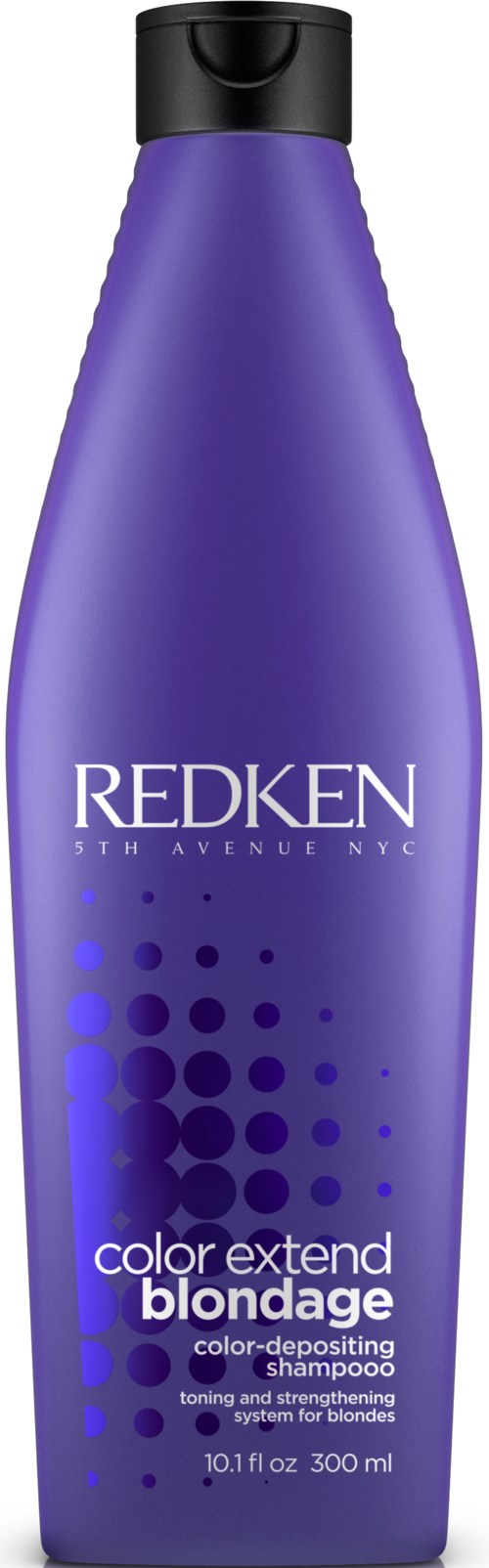 A tall, purple shampoo bottle labeled 'Redken Color Extend Blondage' with a black cap.