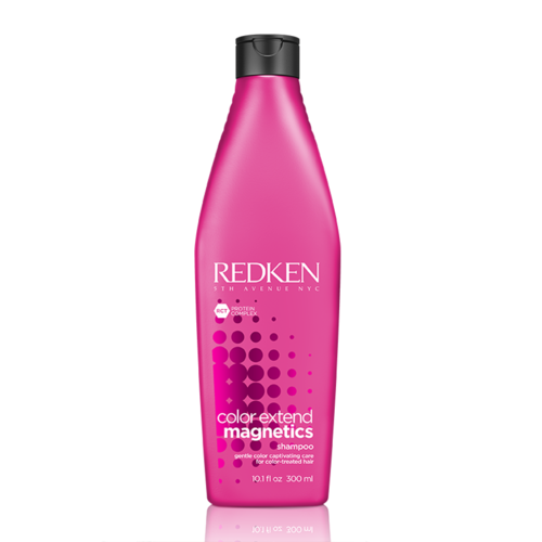 Pink shampoo bottle with black cap, labeled Redken Color Extend Magnetic for color-treated hair.